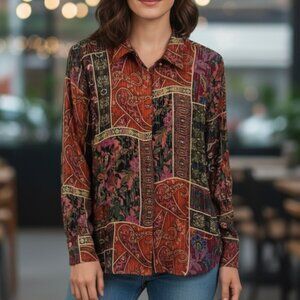 BARILOCHE Spain Metallic Paisley Floral Button Up Shirt Top Size ES 46/ FR 44